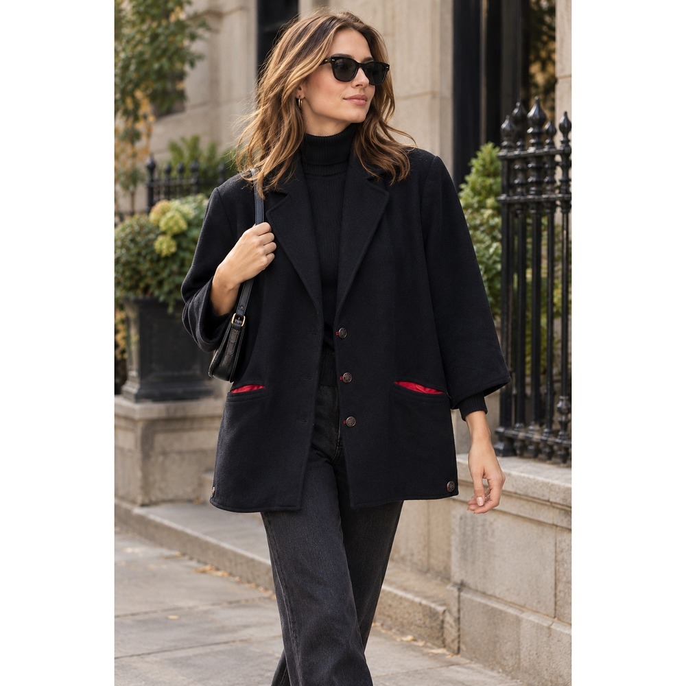 Vintage Basler Black Wool Cashmere Trachten Longline Jacket - Red Trim Size 40